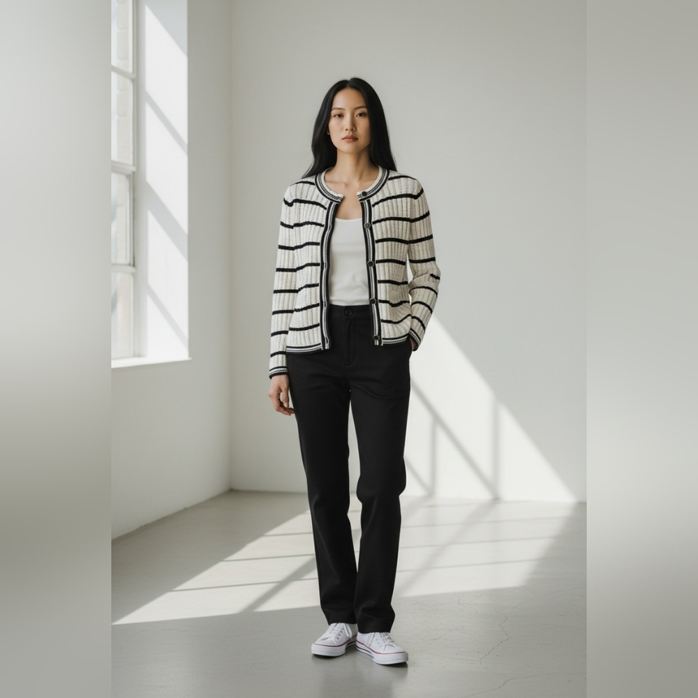 Free Assembly Black & White Striped Knit Long Sleeve Cardigan Sweater Size XS